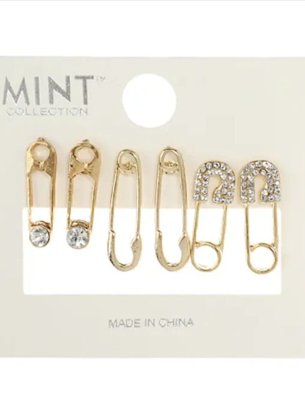 Mint Gold Safety Pin Earring Set with Rhinestones - 3 Pairs